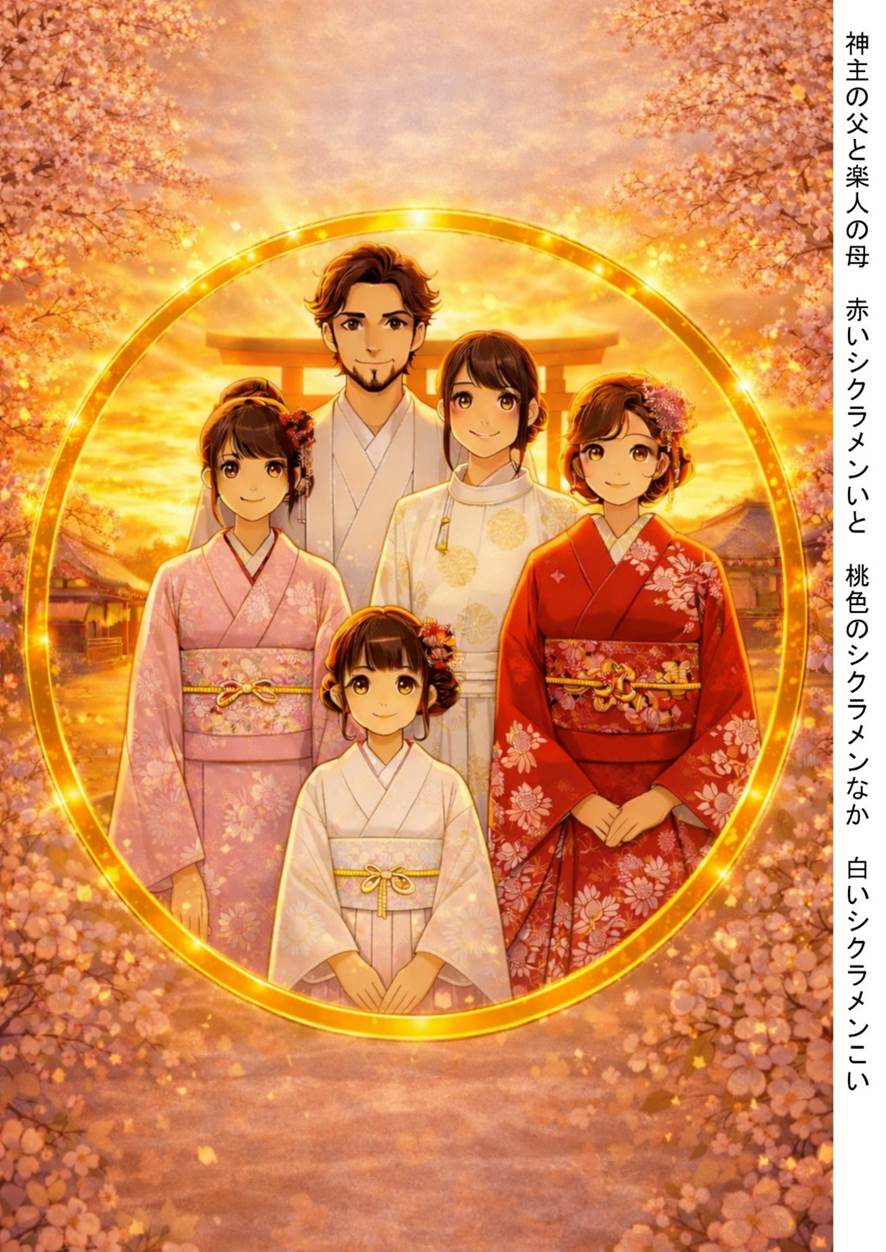 A photograph shows a family of five (the father, a Shinto priest; the mother, a musician; Ito, a red cyclamen; Naka, a pink cyclamen; and Koi, a white cyclamen) dressed in traditional Japanese clothing, amidst falling cherry blossoms. The background features cherry blossoms in full bloom, a torii gate, and a Japanese shrine, creating a fantastical composition bathed in the warm light of a sunset.