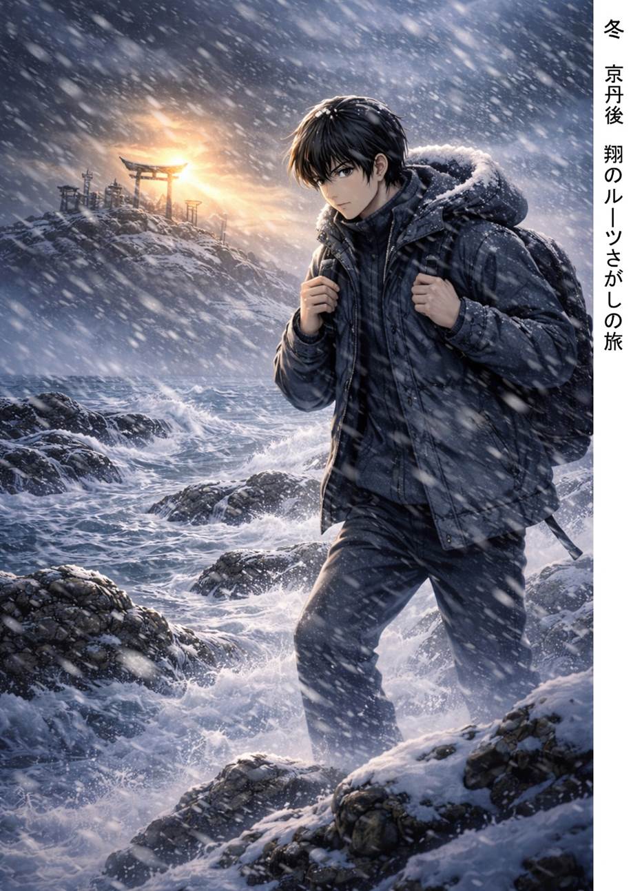 The photograph depicts a young man named Sho, clad in a wool coat, making his way along a treacherous path against the backdrop of the rough winter coast of the Sea of Japan. A torii gate, illuminated by light, is visible in the distance, symbolizing the hardships of his journey and his strong determination to reach his destination.