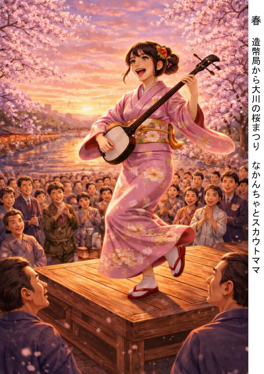 A photograph centered around a young woman named Naka playing the shamisen against the backdrop of a spring cherry blossom festival. The full bloom of cherry blossoms, the sunset sky, and the expressions and clothing of the spectators emphasize the lively atmosphere and traditional feel of the festival.