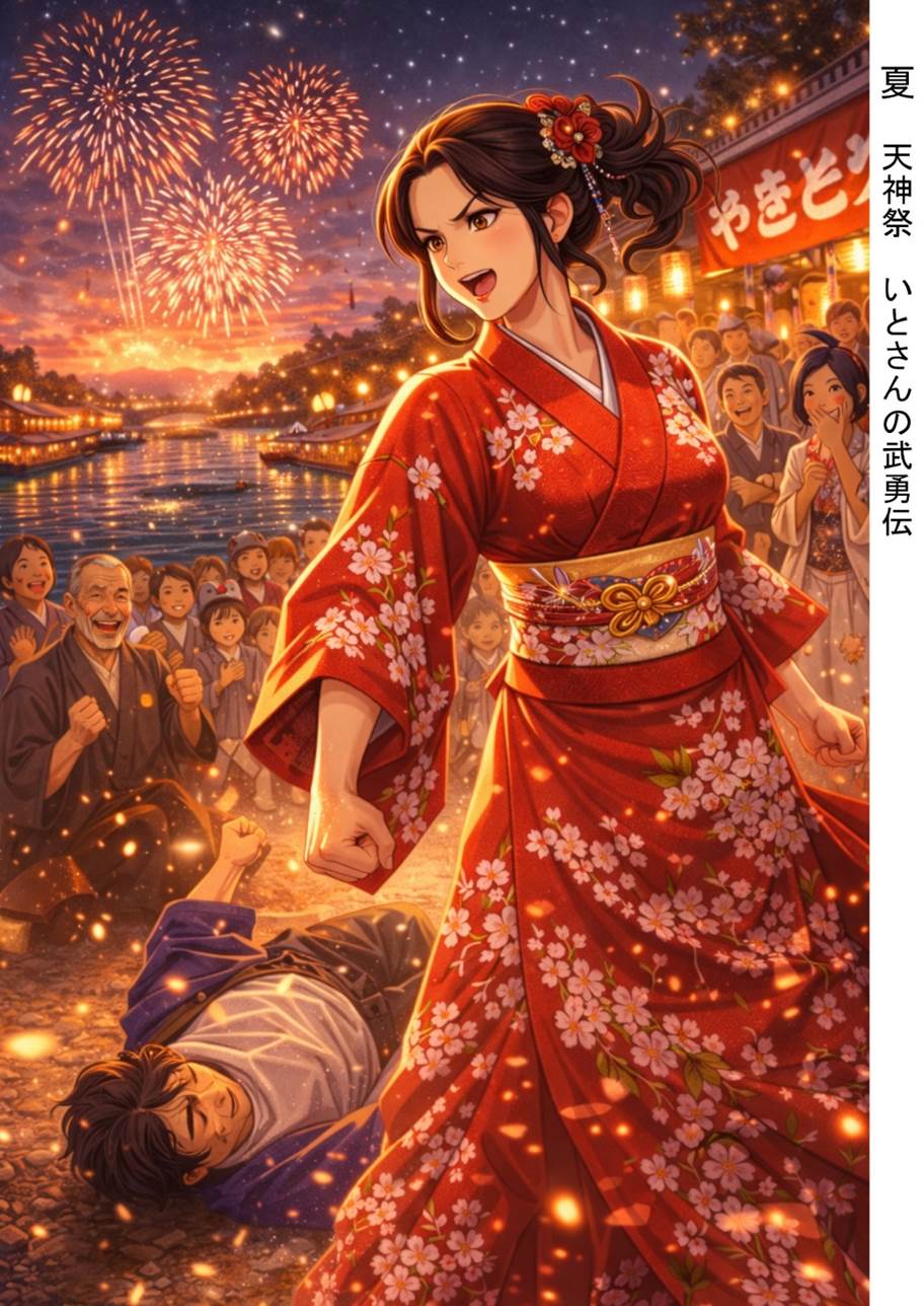 The illustration depicts a young woman named Ito, wearing a red kimono with a cherry blossom pattern, standing powerfully beside a man she has thrown to the ground, against the backdrop of a summer festival, the Tenjin Festival. The scene is filled with the lights of fireworks and food stalls, and portrays a tense moment as a crowd watches.