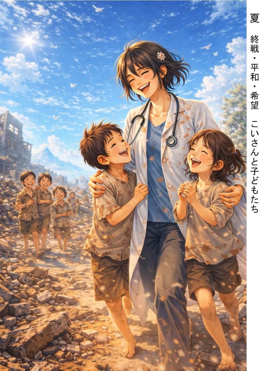 The illustration depicts a city devastated by war, with Dr. Koi, dressed in a white coat, embracing her two children. A bright blue sky and rays of light symbolizing hope shine through, expressing a wish for reconstruction and peace.