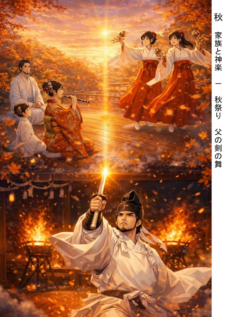 This illustration depicts a family enjoying traditional Kagura dances and musical performances against the backdrop of an autumn evening. In the center of the lower half of the image, the father, a Shinto priest, stands amidst flames, raising his sword, emphasizing the solemn atmosphere and seasonal feel of the festival.