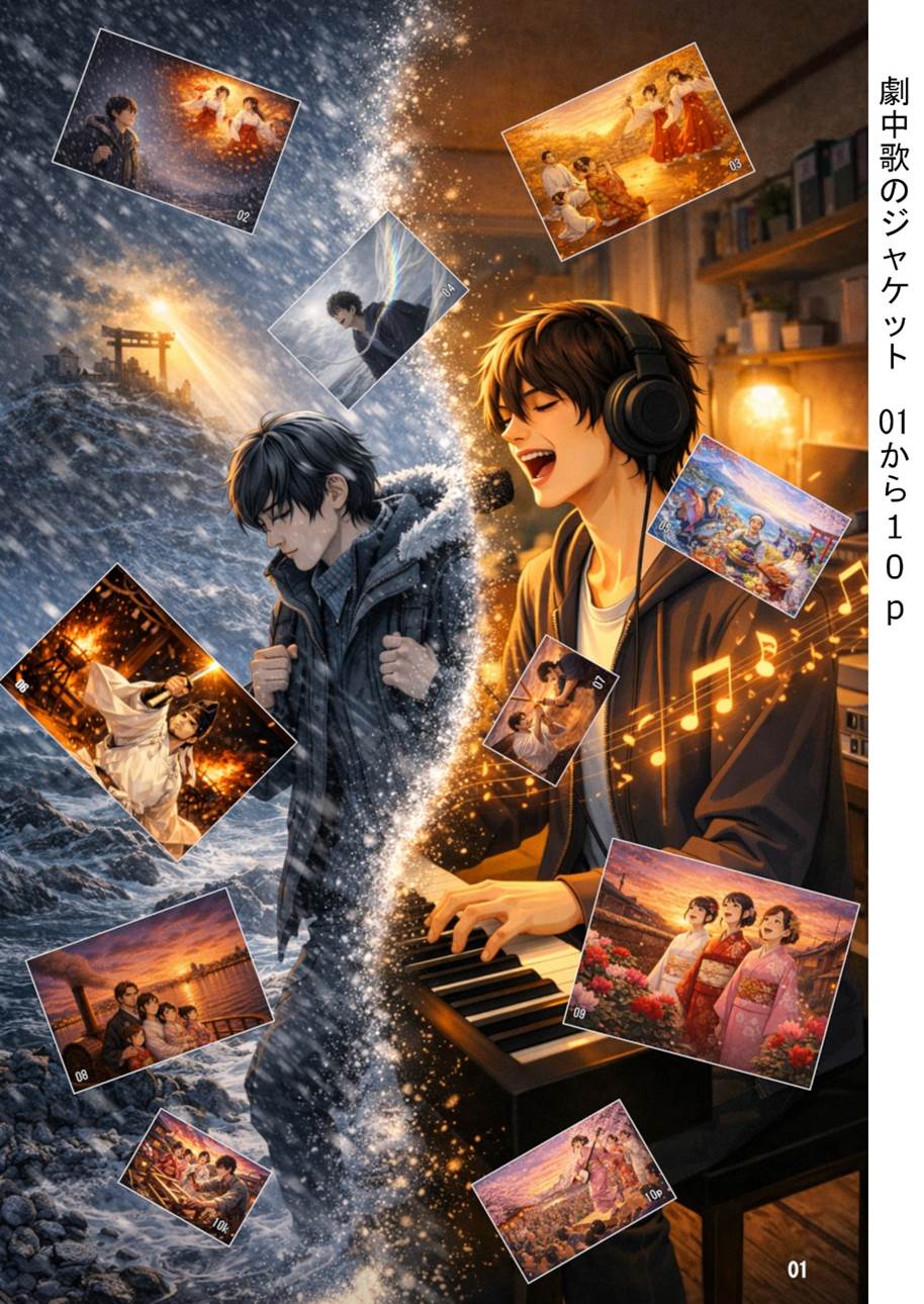 An illustration contrasting two images: one of a young man, Shou, playing the piano while listening to music, and the other of a young man, Shou, walking in the winter mountains. The various movie and drama album covers floating around the illustration represent the diverse aspects of the story and emotions.