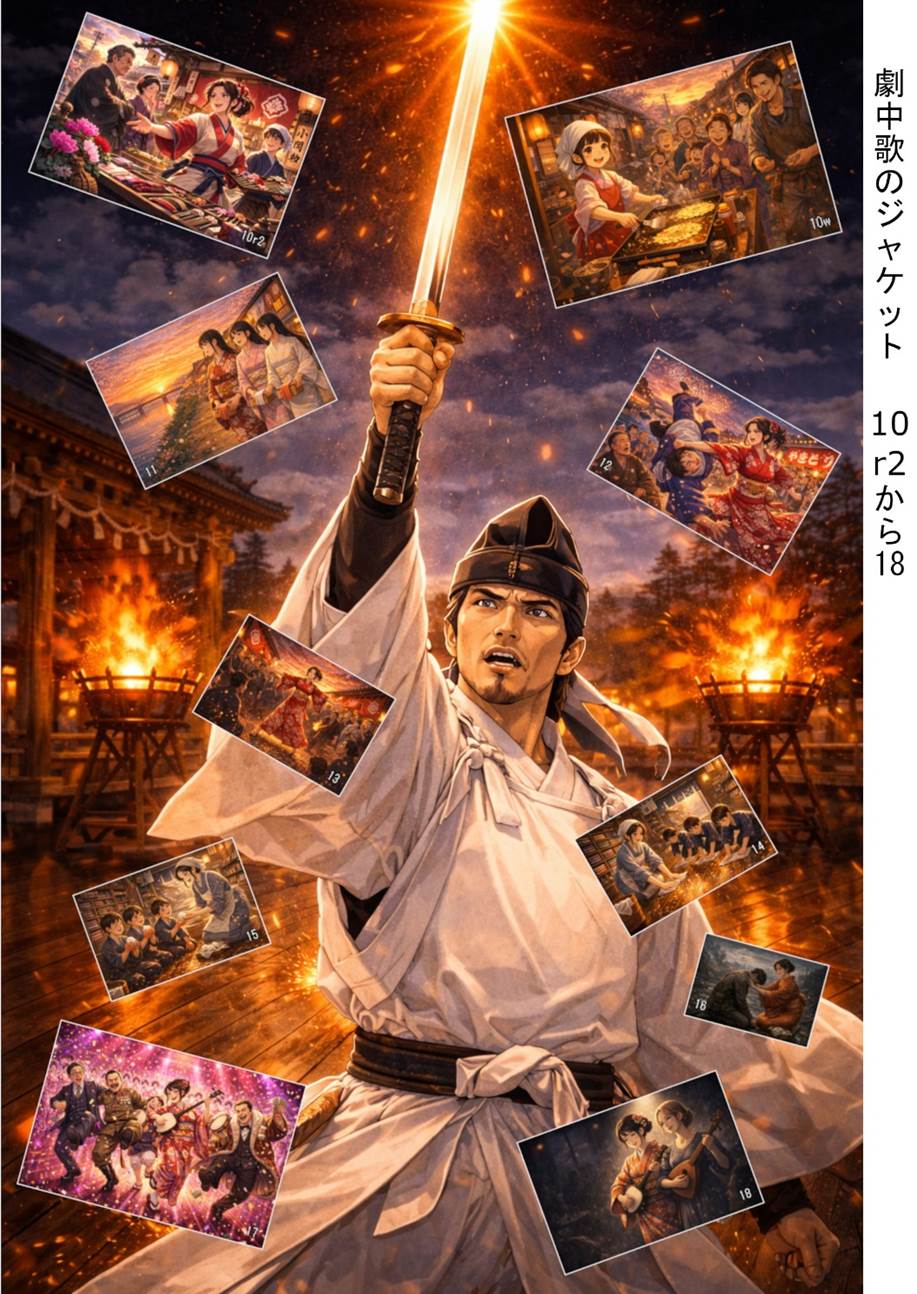 The poster, themed around a Japanese historical drama, features a central figure holding a shining sword high. Bonfires burn on both sides. A collage of album covers from multiple scenes surrounds the poster, depicting a sword dance at an autumn festival, with the flames and night sky background emphasizing the sacred dance offered to the gods.