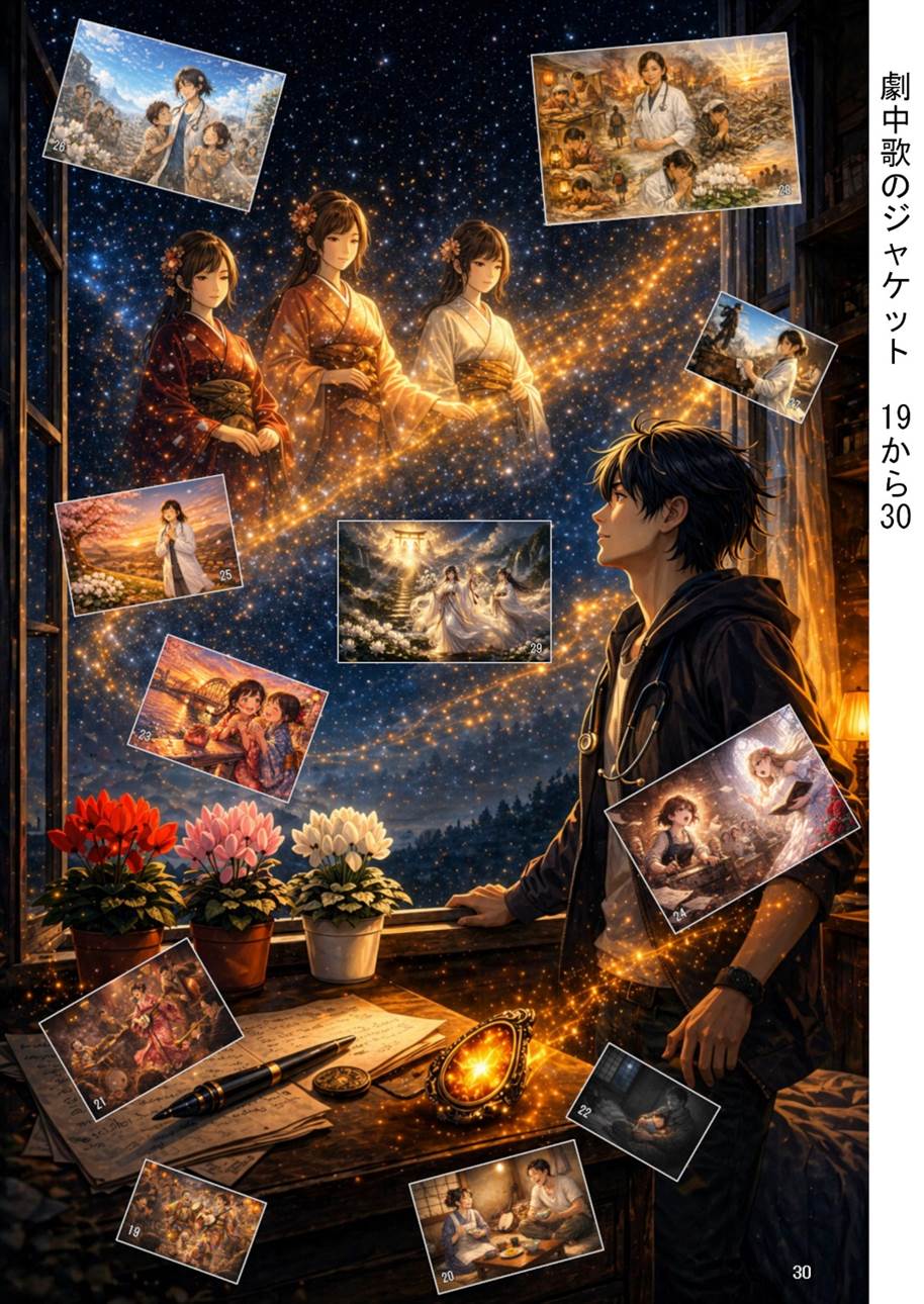 A fantasy-style illustration depicts a young man named Show sitting by a window with a pen, amber, and old coins against a night sky backdrop, gazing up at a fantastical starry sky where three sisters float, connected by trails of light. The warm-toned light and starry sky create a dreamy atmosphere, which is contrasted with the quiet interior space where a jacket depicting a scene from a song in the film is placed.